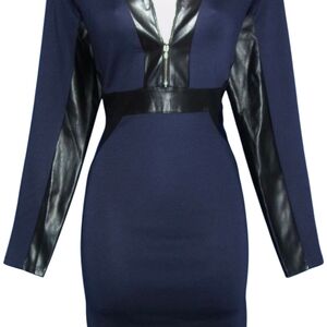 VENUS Navy and Black Faux Leather Zip Ftont Bodycon Dress. Size S